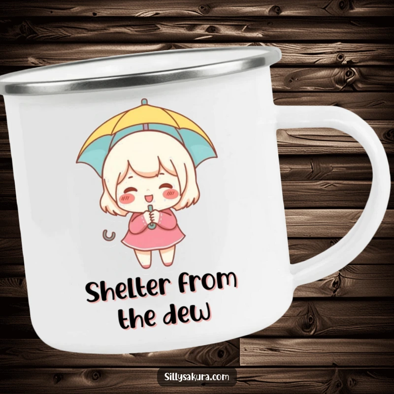Funny camping mug showing a small, rosy-cheeked character giggling while holding a tiny umbrella, for outdoor fun.
