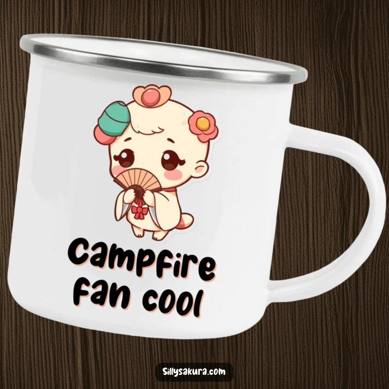Funny camping mug featuring a Kawaii character in a traditional fan pose, with a subtle flutter, perfect for outdoor elegance.