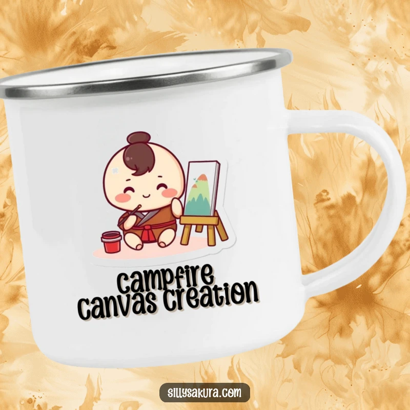 Funny Kawaii camping mug with a round character happily painting traditional art, perfect for artistic souls on the go.