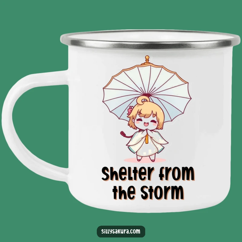 Funny Kawaii Umbrella Twirl Camping Mug - Joyful Character for Outdoor Adventures