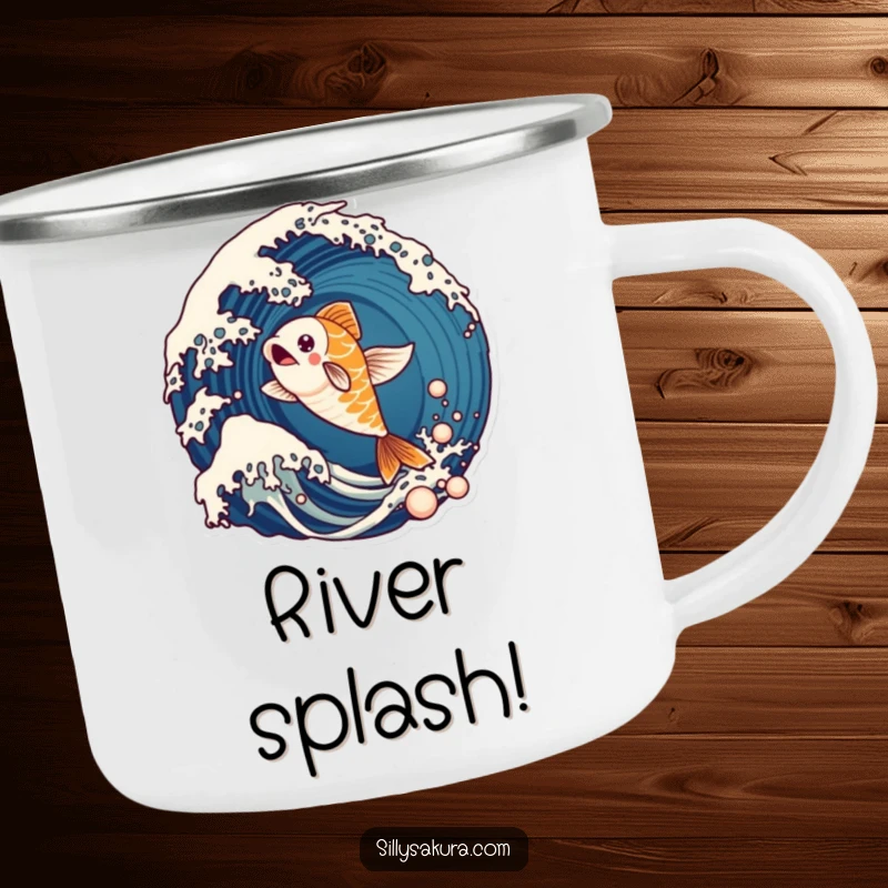 Funny camping mug with a lively koi fish character energetically leaping from a stylized ocean wave, ideal for adventures.