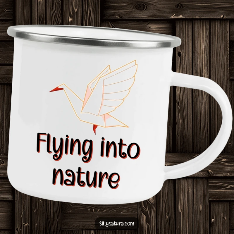 Funny Origami Camping Mug with a paper crane character gracefully taking flight, ideal for outdoors.