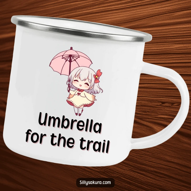 Funny camping mug featuring a small character elegantly twirling a parasol, a cheerful grin perfect for outdoor charm.