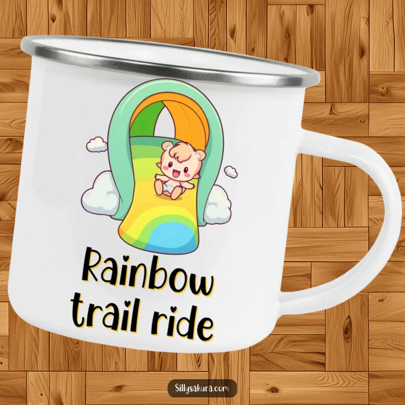 Funny rainbow slider camping mug, a happy figure playfully sliding down a bright rainbow, perfect for outdoor enjoyment.