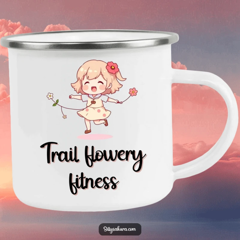 Funny skipping character camping mug, a cheerful figure joyfully skipping rope with flowers, perfect for outdoor enjoyment.
