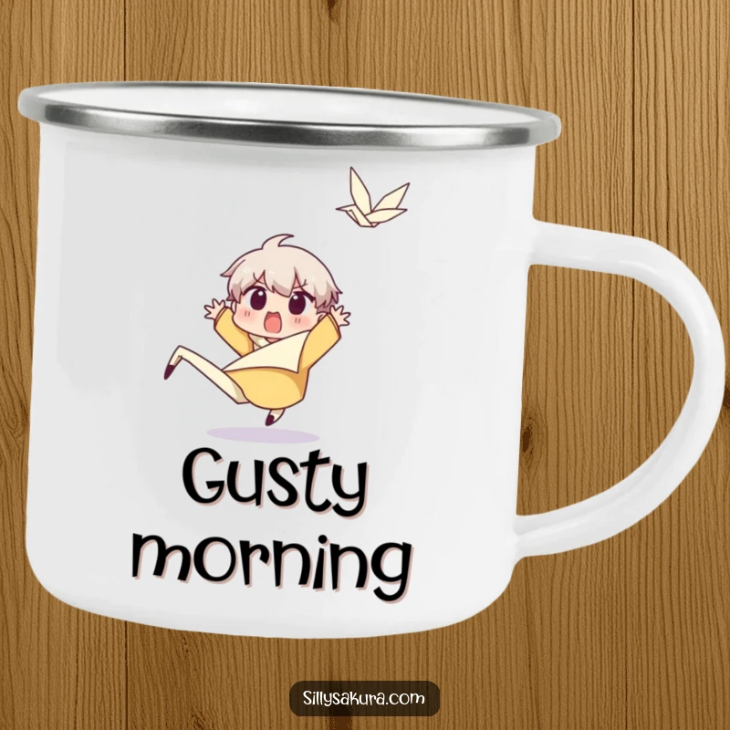 Funny Character Camping Mug: A surprised character leaps back from a happy wind gust, ideal for enjoying drinks with amusing surprise outdoors.