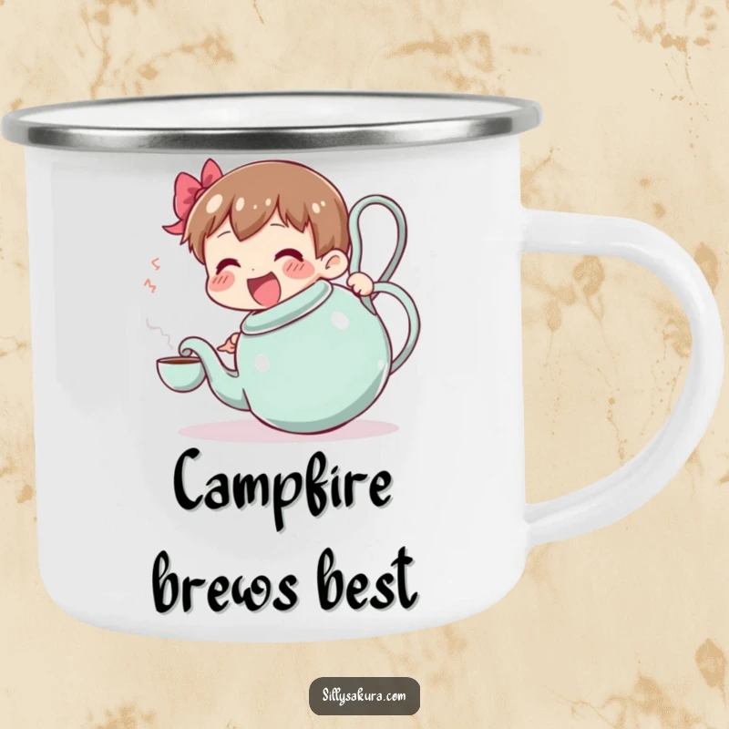 Funny camping mug: a joyful character attempts tea service from a large, wobbling teapot, perfect for outdoor enjoyment.