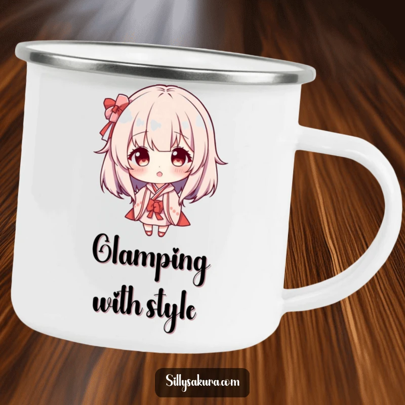 Funny Maiko Wig Camping Mug: A rugged mug for the outdoors, featuring a character playfully wearing a miniature Maiko wig.