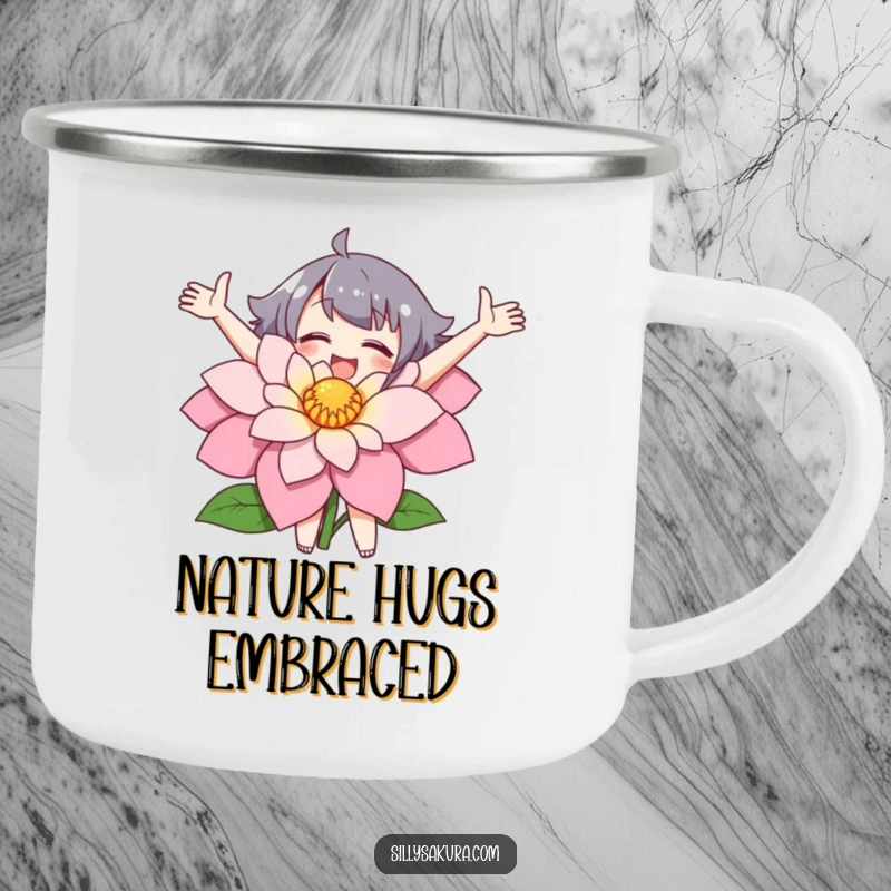 Funny camping mug showing a character joyfully embracing a large flower, designed for outdoor enjoyment.