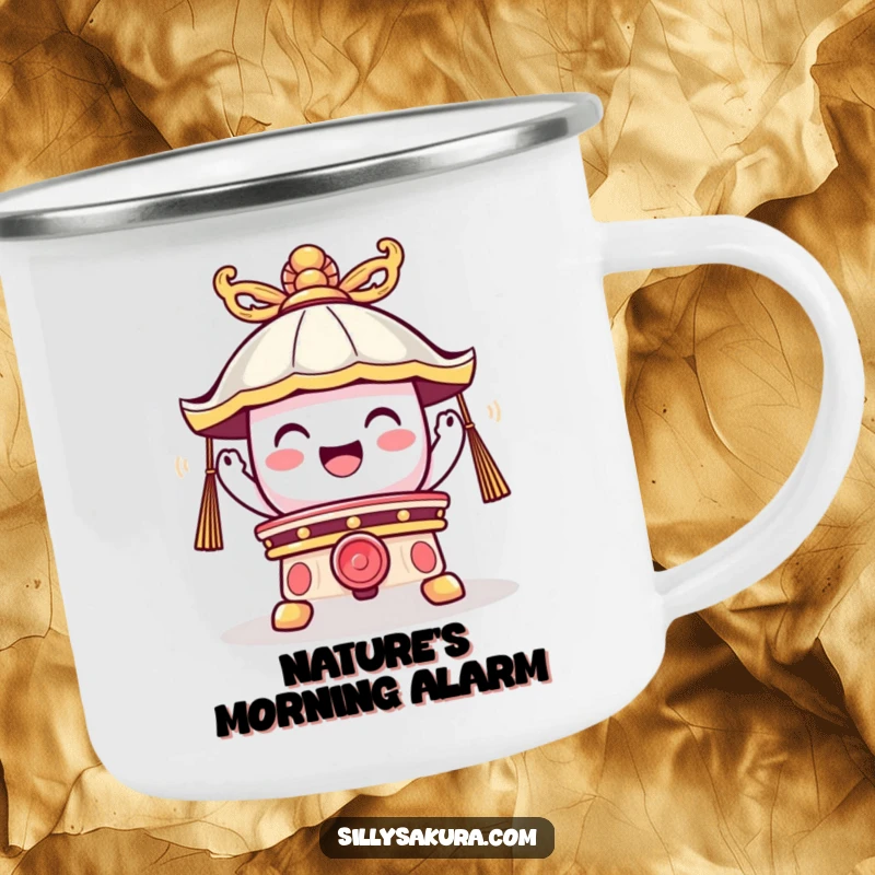 Funny camping mug with a cute temple bell character ringing joyfully, designed for outdoor trips and spreading positive humor.