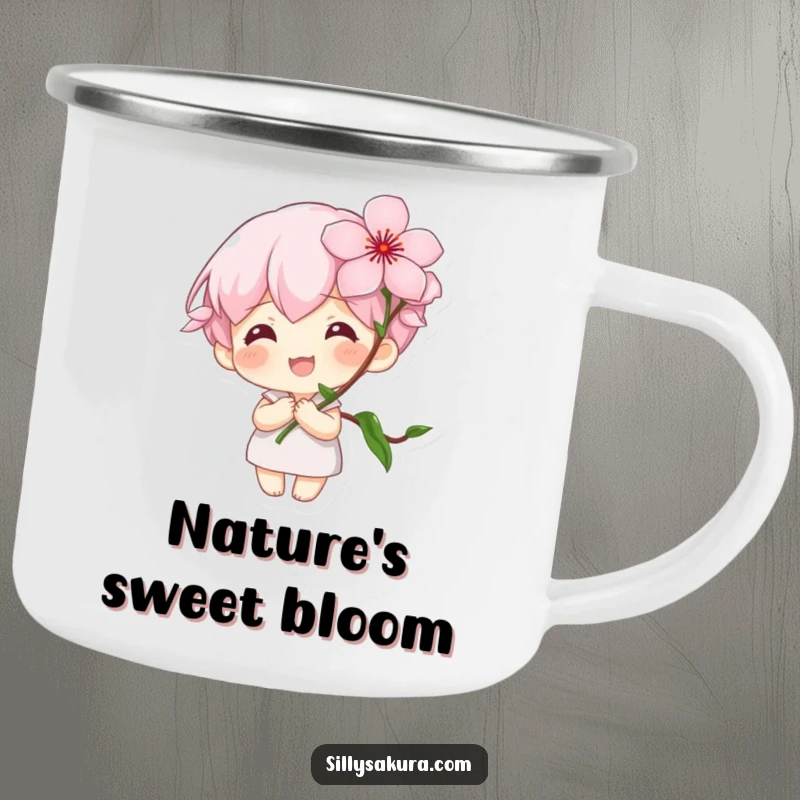 Funny Camping Mug: A tiny character with a large smile holds a blooming cherry blossom, perfect for enjoying drinks outdoors.