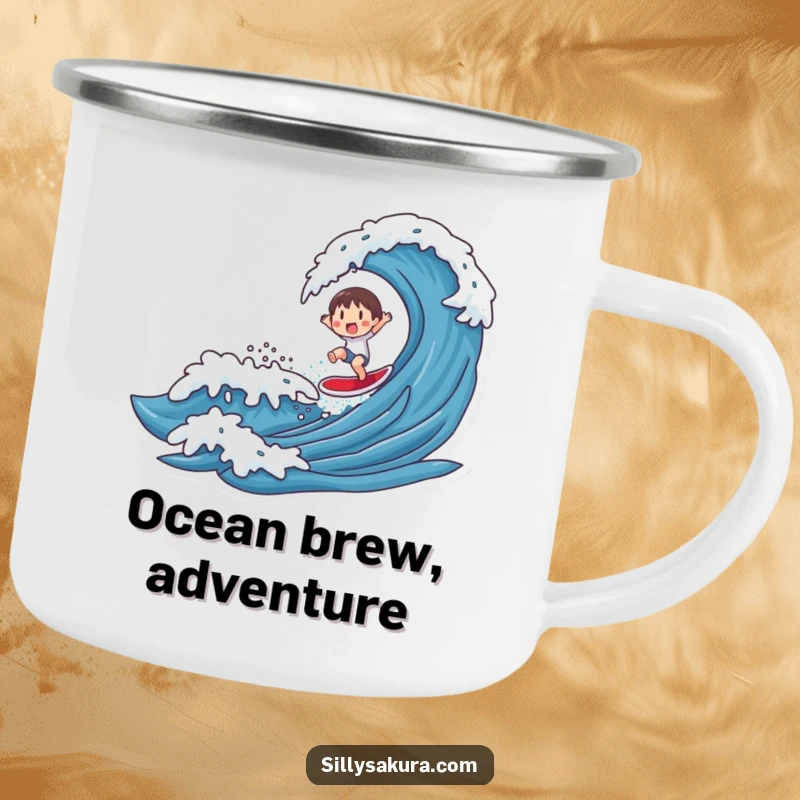 Funny camping mug featuring a character surfing a stylized wave, designed for outdoor enthusiasts who appreciate humor and adventure.