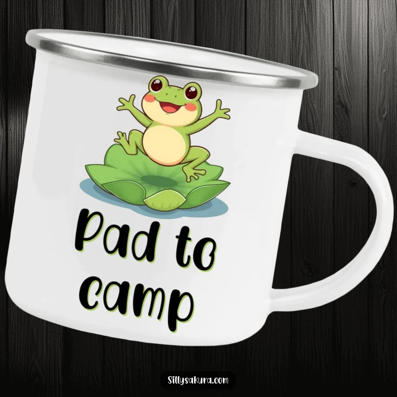 Funny Frog Camping Mug: A cute frog character joyfully jumping onto a lotus pad, perfect for outdoor drinks and humorous vibes.