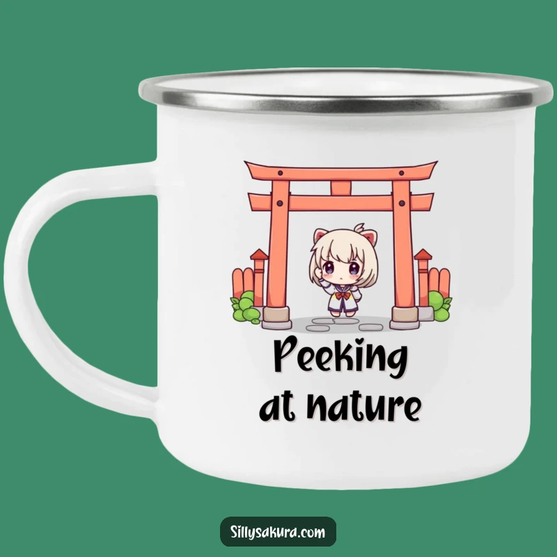 Funny Curious Torii Gate Camping Mug: Explore Your Surroundings with Wonder