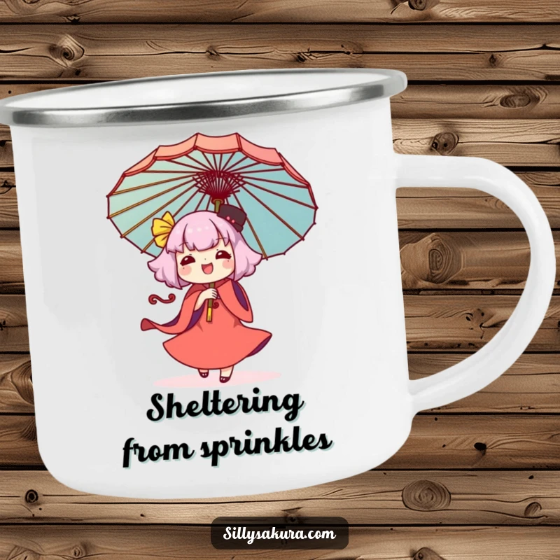 Funny Kawaii camping mug depicting a character joyfully twirling a decorative umbrella, designed for outdoor enjoyment and humor.