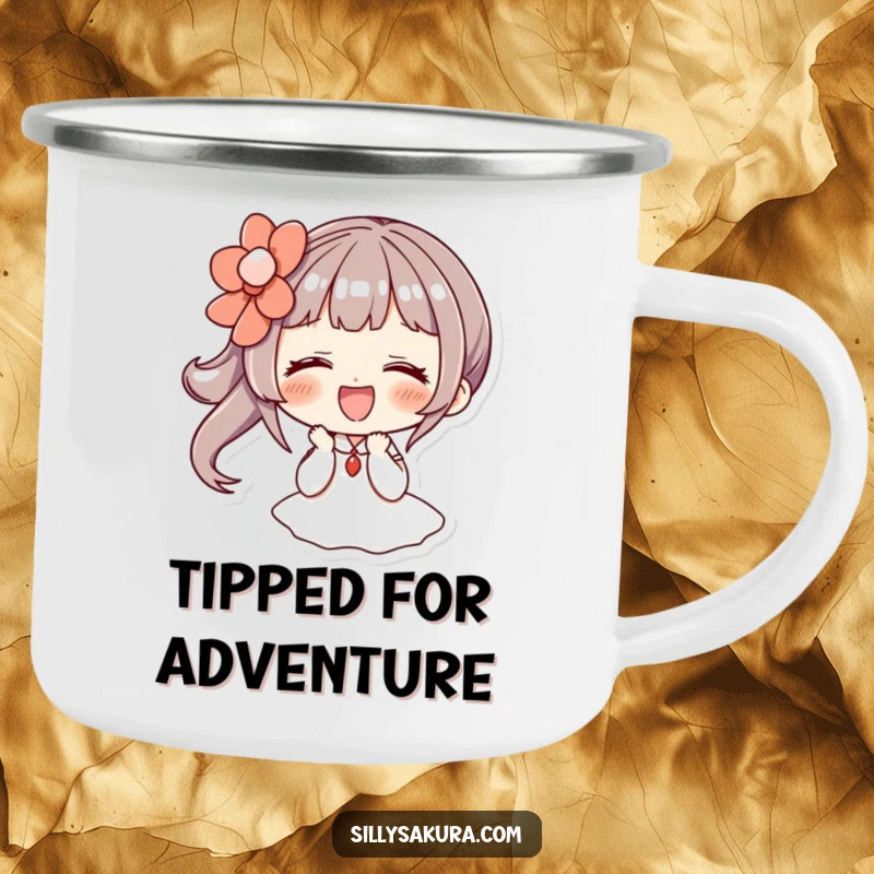 Funny camping mug: a character giggles while wearing a large, decorative hairpin, perfect for outdoor enjoyment.