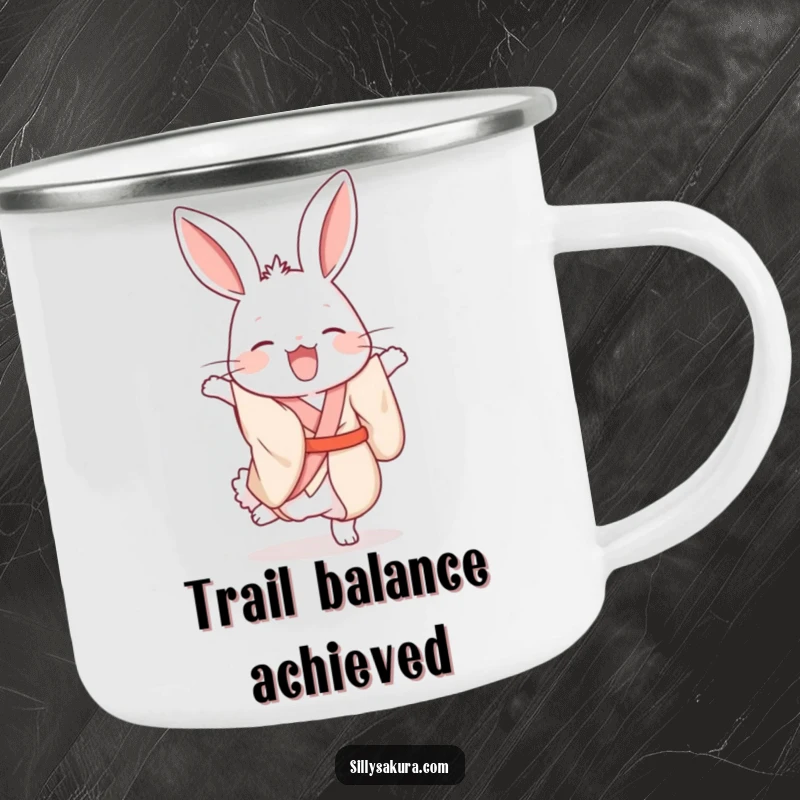 Funny giggling rabbit in a silk kimono attempting a handstand on a durable camping mug.