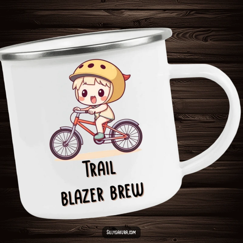 Funny Camping Mug: A tiny, excited character rides a small bicycle, perfect for outdoor enthusiasts who love humor.