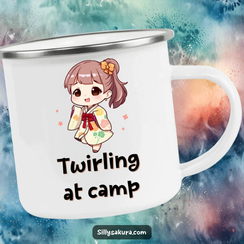 Funny Camping Mug: A character joyfully twirls in a playful kimono, perfect for enjoying drinks outdoors with flair.