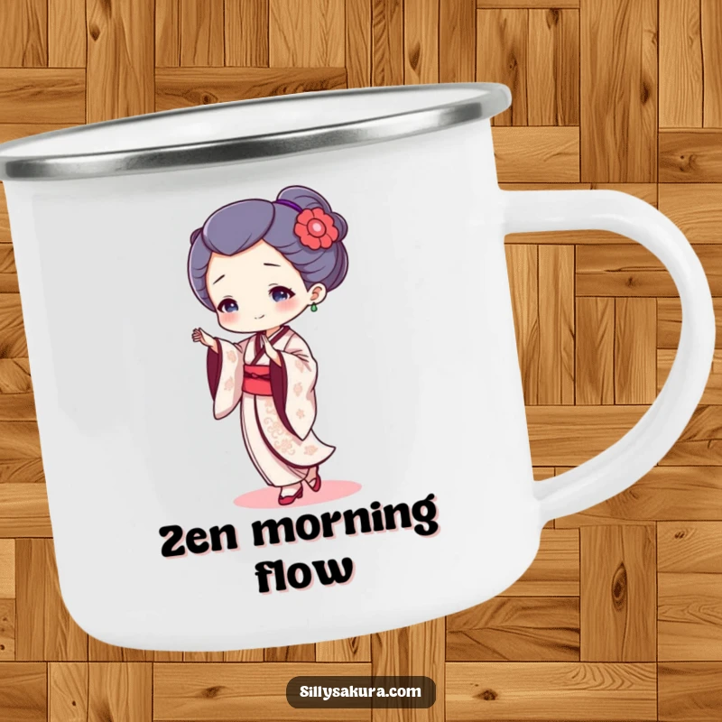 Funny geisha dancer camping mug with a tiny character performing a graceful dance, durable and humorous for outdoor use.