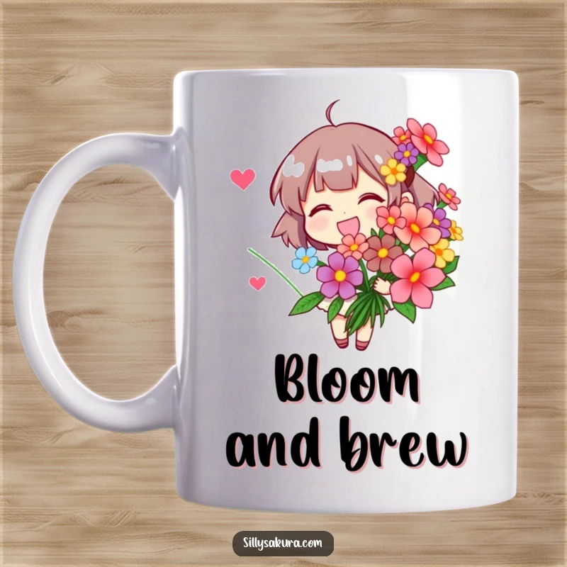 Funny Mug: Character beaming with joy while holding a large, colorful bouquet of stylized flowers.