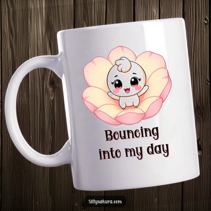 Funny mug depicting a cheerful character with big eyes happily bouncing on a giant pink petal, full of joy.