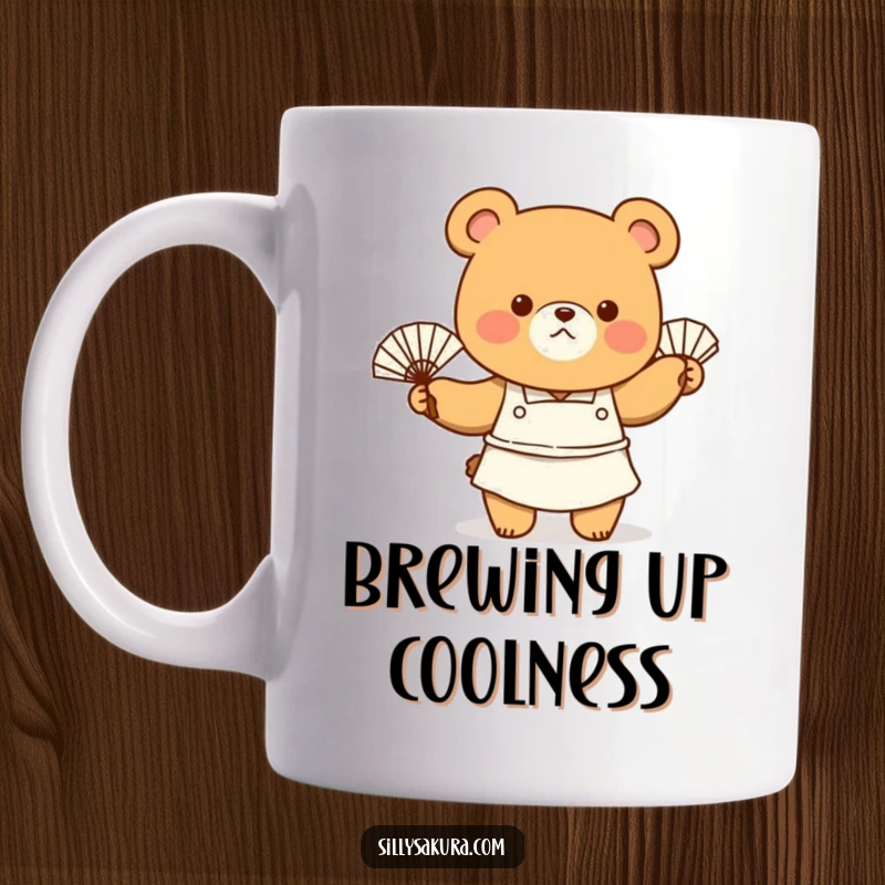 Funny Mug showing a tiny bear chef in an apron, enthusiastically fanning themselves with a fan, looking cheerful yet warm.