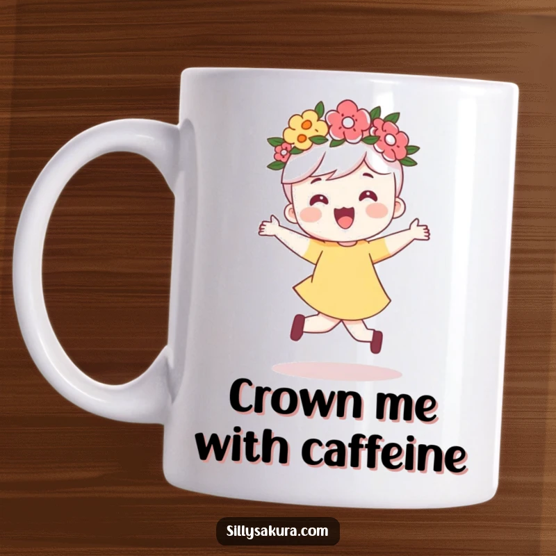 Funny mug featuring a cute character with a flower crown, joyfully skipping with uncontainable happiness and glee.