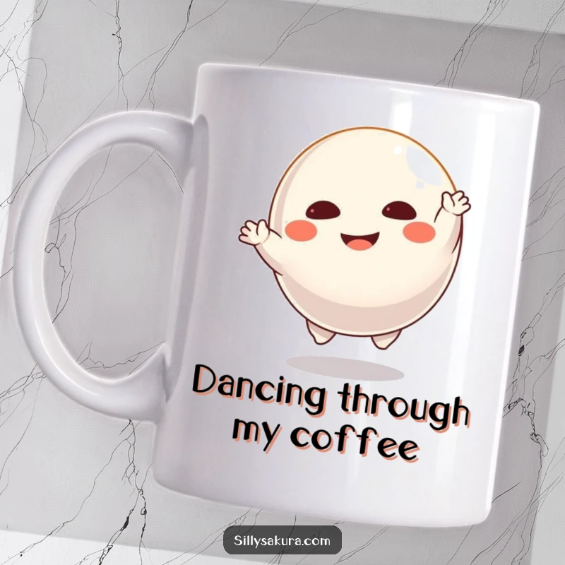 Funny Daruma doll mug featuring a floating character joyfully imitating a dancing pose, radiating happiness and playful energy.