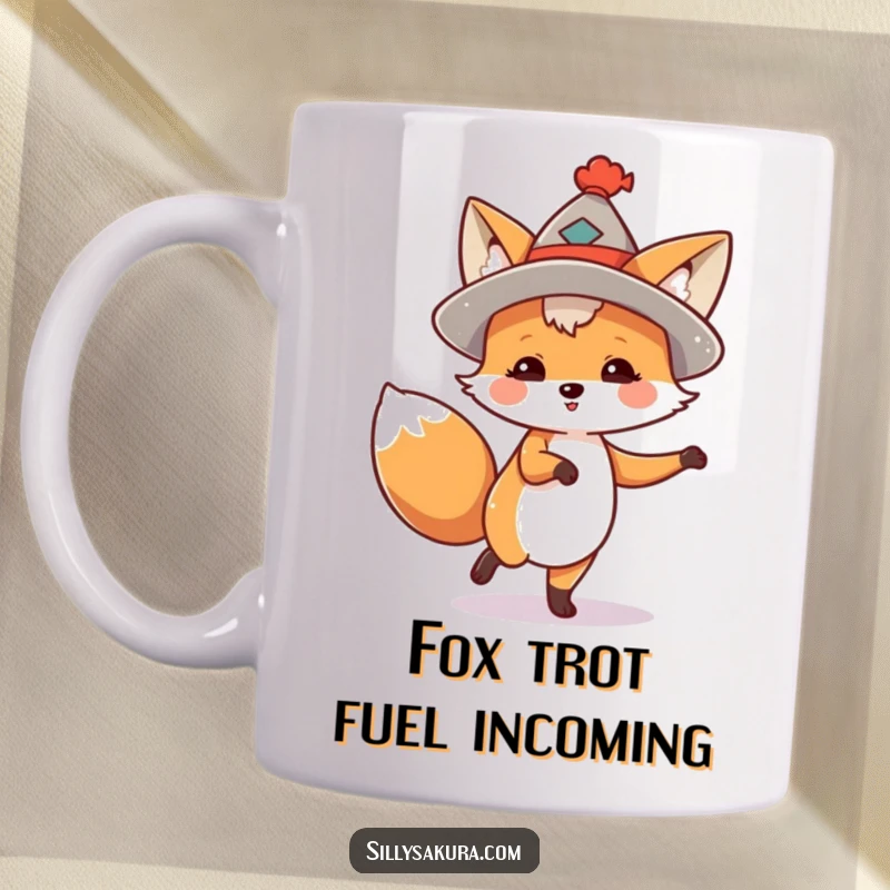 Funny mug featuring a cheerful fox in a small hat, energetically dancing with pure joy and lively motion.