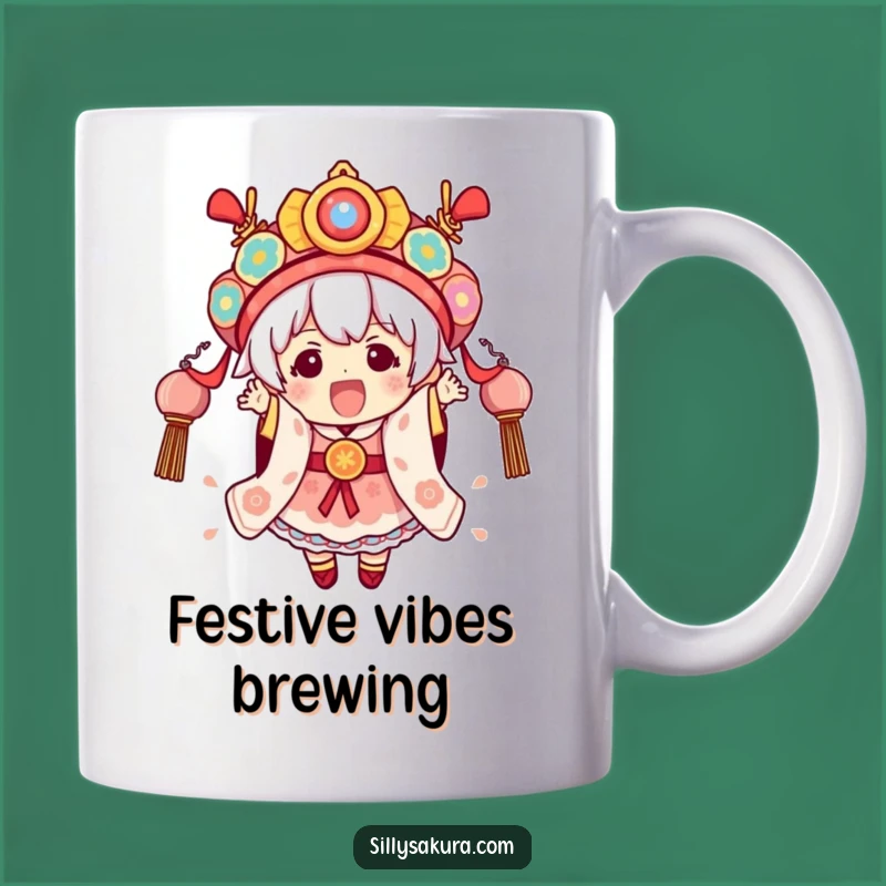 Funny Festival Kawaii Mug - Excited Character in Festive Attire, Fun Gift