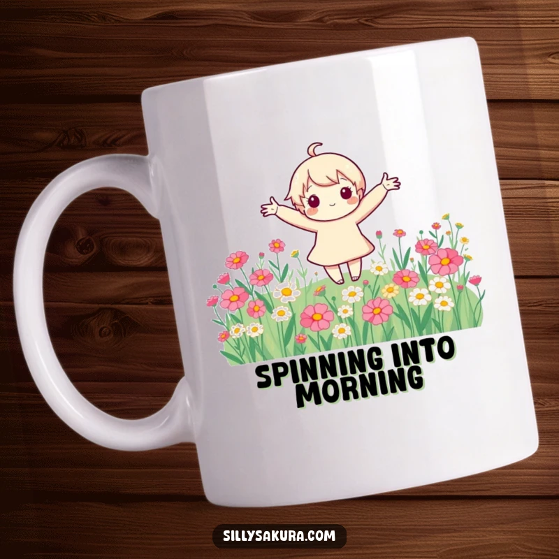 Funny cute character with arms spread wide, joyfully spinning in a vibrant field of colorful flowers, depicted on a happy mug.