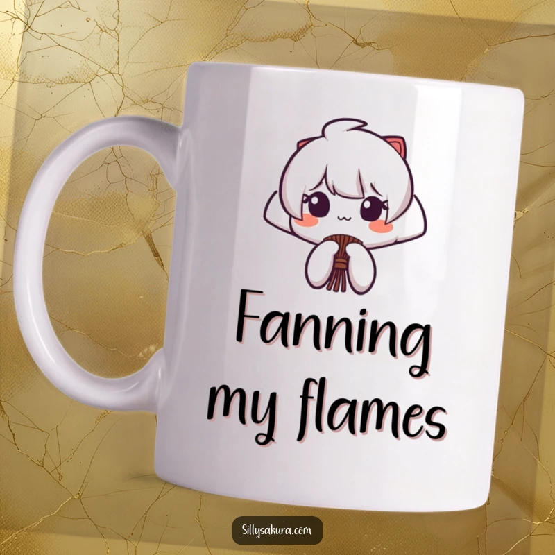 Funny mug featuring a stylized Japanese fan character opening and closing with a dramatic flourish and a subtle, witty smile.
