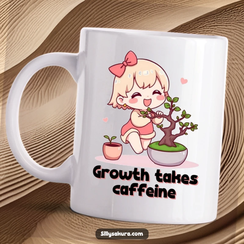 Funny Kawaii Mug. A cute character joyfully tends to a miniature bonsai tree, showing dedication and charm.