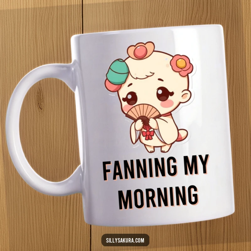 Funny mug featuring a cute Kawaii character in a traditional fan pose, exuding charm with a subtle, delightful flutter.