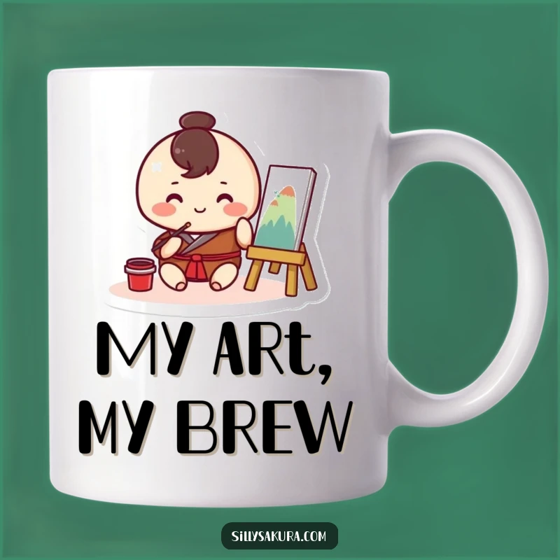 Funny Kawaii Painter Mug: Round Character Creating Art, Perfect Funny Gift