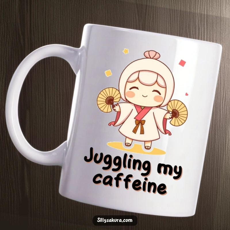 Funny mug featuring a cute Kokeshi doll character skillfully juggling three small, colorful fans with a playful expression.