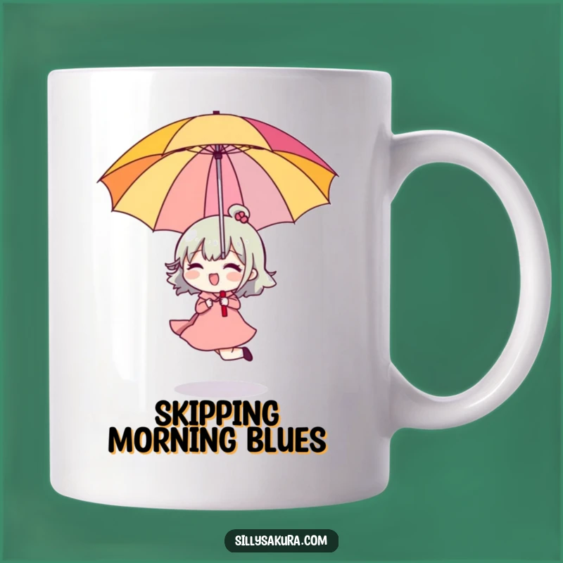 Funny Skipping Character Mug: Upside Down Umbrella Joy, Hilarious Gift for Optimists