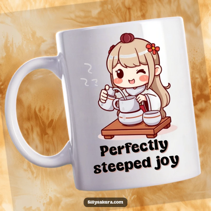 Funny mug featuring a cheerful character performing a tea ceremony, pouring tea with a heartwarming smile.