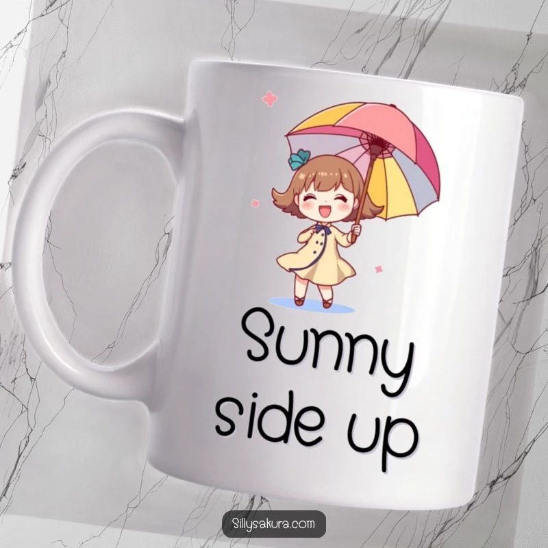 Funny twirling character mug, a cute figure gleefully spinning a brightly colored parasol, exuding pure, unadulterated joy.