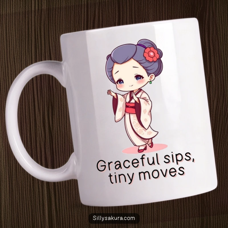 Funny geisha dancer mug displaying a tiny character in a beautiful, graceful dance pose, exuding charm and humor.