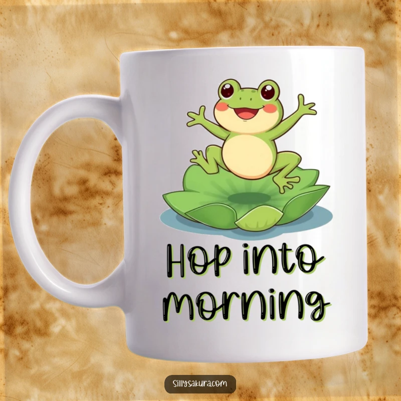Funny Frog Mug featuring a cute frog character joyfully jumping onto a lotus pad, conveying happiness and a love for nature.