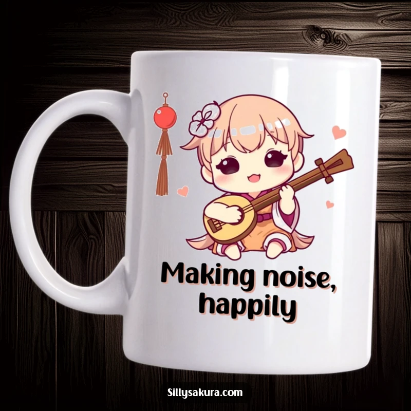 Funny Kawaii Mug. A cute character happily plays a small traditional instrument, bringing joy and music to your morning.