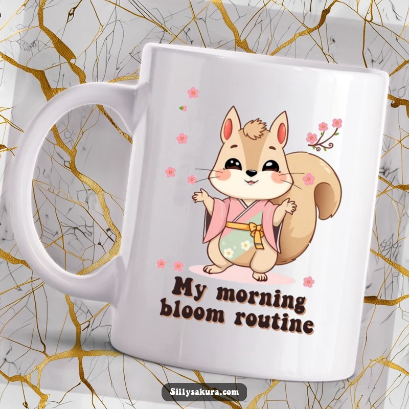 Funny mug featuring a bouncy squirrel in a kimono expertly juggling delicate cherry blossoms with a smile.