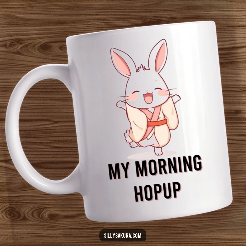 Funny giggling rabbit wearing a beautiful silk kimono, hilariously attempting a wobbly handstand on a mug.