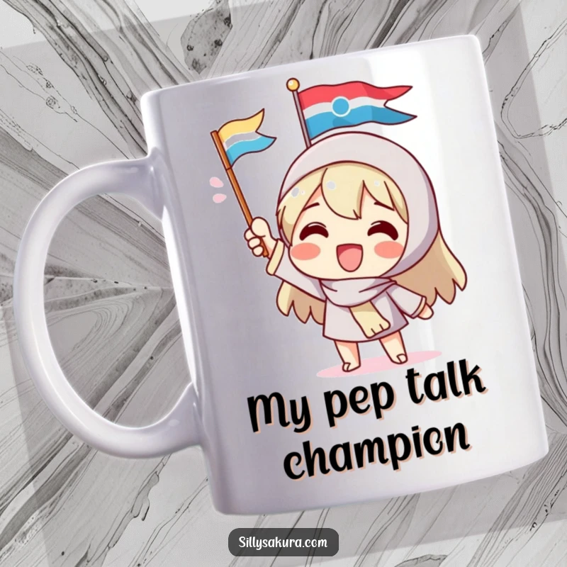 Funny mug featuring a delighted character enthusiastically waving a small, colorful flag, celebrating joy and exciting occasions with a big smile.