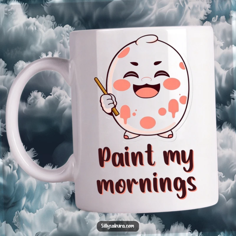 Funny Daruma doll mug with a character enthusiastically painting a big, happy smile on its face.