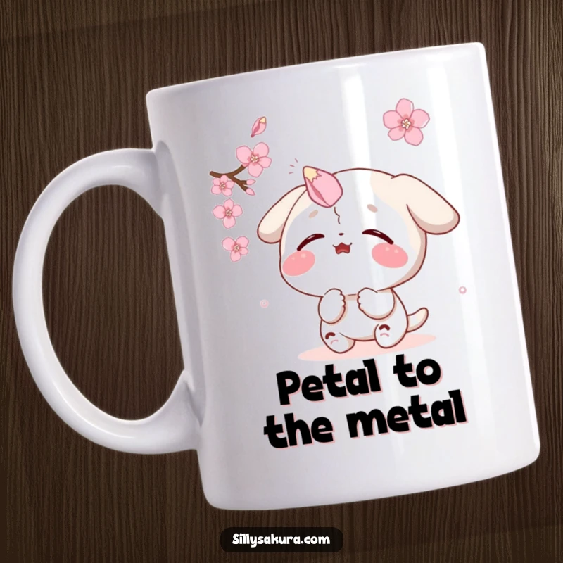 Funny mug: a delighted character comically attempts to balance a falling sakura petal on its nose, showcasing playful clumsiness.