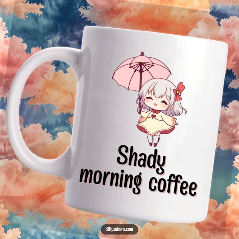 Funny mug featuring a small character elegantly twirling with a parasol, sporting a delightful, cheeky grin.