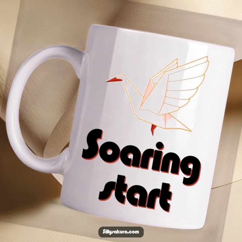 Funny Origami crane mug with a character gracefully unfolding its wings and taking flight.